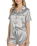 NY Threads Women's Silk Satin Pajamas Set Button Down Top and Shorts 2 Piece Sleepwear Loungewear Pjs Set, Small, Grey