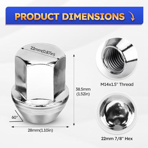 Image of 611-330 24pcs M14x1.5 Chrome OEM Factory Style Lug Nuts 22 MM Hex, 38.5 Mm Length for 11-22 Jeep Grand Cherokee,11-20 Dodge Durango, 05-19 Chrysler 300 & All m14x1.5 7 /8 inch Hex Conical Seat Wheel Nuts
