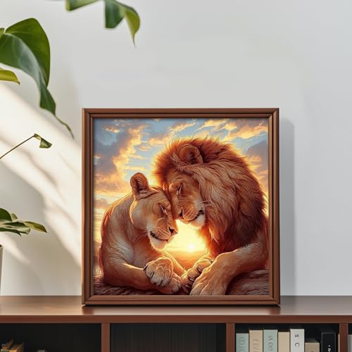 Image of Diamond Paintings Kits for Adults Beginners, Full Round Drill Diamond Arts Kits for Adults, Lion Couple Paint by Diamonds, 5D DIY Diamond Painting Dot Gem Art, for Home Wall Decor 13.8x13.8 Inch