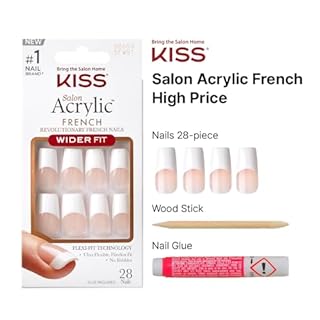 KISS Acrylic French False Nails Kit, Long Coffin Wide Fit Design Nail, Classic White Color French Tip Nails, Ready to Wear Gel & Manicure Stick Included, Long-Lasting Convenient & Easy to Apply