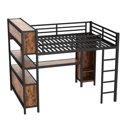 Image of Bellemave Queen Size Loft Bed with Desk, Wardrobe, Storage Cubes and Shelves, Metal Queen Loft Bed Frame for Adults, Kids, Teens, Black and Woodgrain