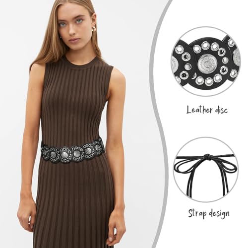 Women’s Western Disc Belt Hollow Boho Concho Leather Belt for Dresses Jeans Festival Outfits2
