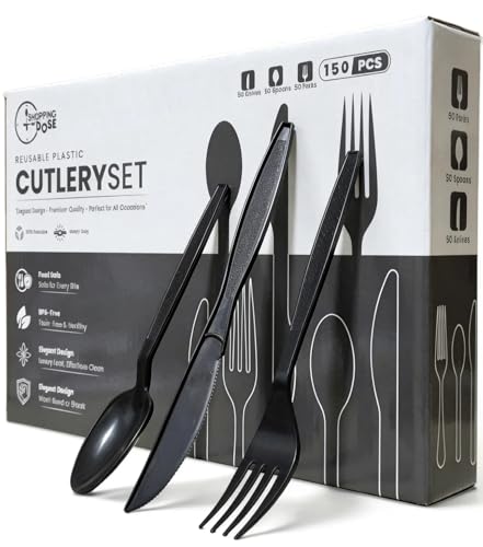 Pack of 150 Heavy Duty Reusable Black Plastic Cutlery Set (50 Spoons 50 Forks 50 Knives) Durable & Sturdy Party Cutlery Set Perfect for Weddings Parties Camping BBQs & All Occasions