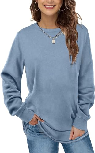 EUHOM Sweat-shirt basique à manches longues pour femme - Col rond - Manches longues - Automne - Hiver - Décontracté - Hauts pour leggings, bleu, L