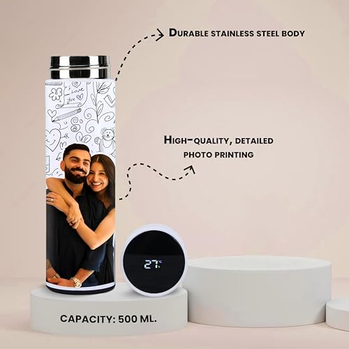 Image of Savri Personalized Stainless Steel White Water Bottle with Your Photo /Wishes /Logo Printed Best for School Going Kids /Return Gift /Christmas /New Year /Festival Gift Item | 500ml (Couple)