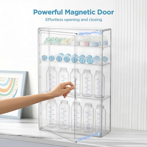 Image of HBlife Baby Bottle Storage Organizer Wall Mount, 4 Tiers Adjustable Clear Acrylic Bottles Storage Station Case Box Container with 3 Removable Dividers and Magnetic Door for Countertop Cabinet, Large