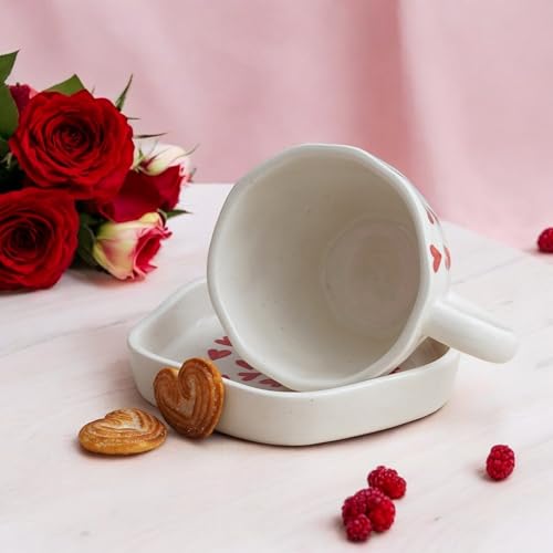 Image of Ceramic Cup and Saucer Set of 2 | Designer Coffee Tea Cups with Matching Saucers | Heart Print Ceramic Mugs for Hot Beverages | Stylish Stoneware Multi-Purpose Cup Saucer | White