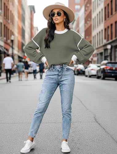 Image of Womens Sweaters Fall Fashion 2026 Color Block Oversized Pullover Knit Tops