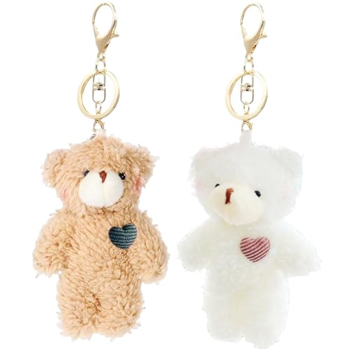 NHPY 2 Pièces Porte Clef Peluche Ours, Peluche Porte Clé, bag charm,Bear Plush Keychain Toy For Kids With Pink Heart 13 Cm Stuffed Teddy Plush Backpack Bag Pendant Gift(2Couleurs)