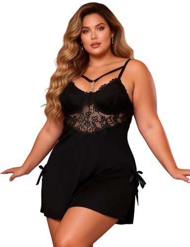 comeondear Nuisette Dentelle avec Armature Femme Modal Chemise de Nuit avec G-String Grande Taille...