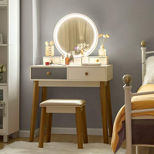 DORTALA Vanity Table Set with Lighted Mirror, Dressing Table Set with 3-Color Touch Screen Dimming Mirror, Girls Dressing Table with 4 Drawers, Suitable for Bedroom, White
