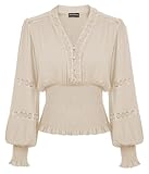 Women's Renaissance Peasant Blouse Smocked Waist Boho Shirts Pirate Tops Beige Medium
