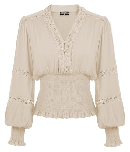 Scarlet Darkness Women's Renaissance Peasant Blouse V Neck Lantern Sleeve Lace Smocked Tops