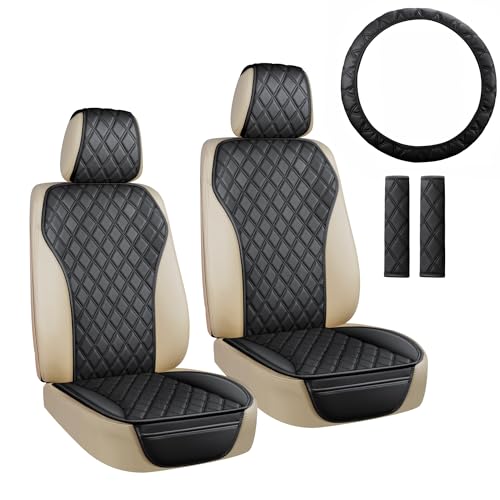 2PCS-Front-Car-Seat-Covers-Leather-Seat-Covers-with-Steering-Wheel-Cover-and-Two-Seat-Belt-Pads-Waterproof-Seat-Covers-for-Cars-Universal-Fit-95-Vehicles-Black