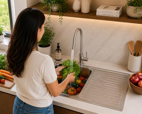 Image of Stainless Steel Kitchen Sink 37x18 Inch with Drain Board | Single Bowl Sink with Drainer | Includes SS Waste Coupling & PVC Pipe | Rust Proof Finish