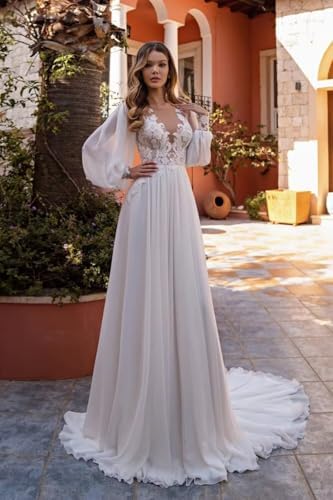 Hochzeitskleider Für Damen Spitzenapplikationen A-Linie Boho Langarm Brautkleid Standesamt Lang Braut Standesamtkleider