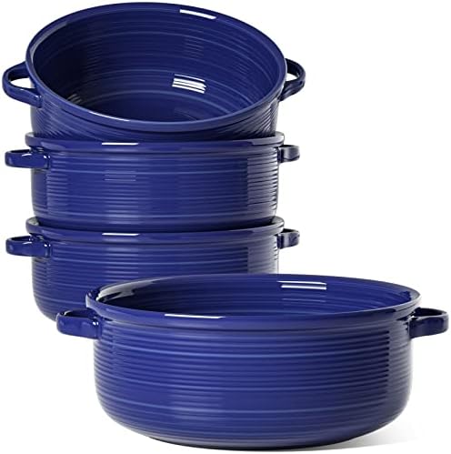 LE TAUCI Soup Bowls with Handles, Ceramic French Onion Soup Bowls 22 Ounces for Soup, Cereal, Chilli, Beef Stew, Stackable Serving Bowls Set, Oven Microwave Dishwasher Safe, Set of 4, Blue