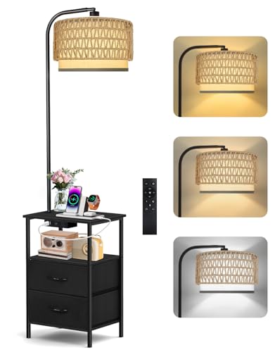 OUTONLIFE Floor Lamp with Table, 2 Drawers & Rattan, Side