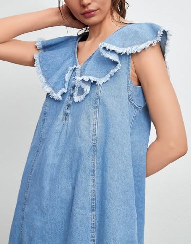 Kedera Denim Summer Dresses for Women Ruffle Short Sleeve V Neck Mini Jean Dress Romper Babydoll Jean Sundress3