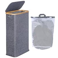 efluky Narrow Laundry Baskets with Lid, Tall Slim Wash Basket for Laundry, Foldable Small Slimline Laundry Basket for Dirty Clothes, 63L Cloth Storage Basket Blue-grey