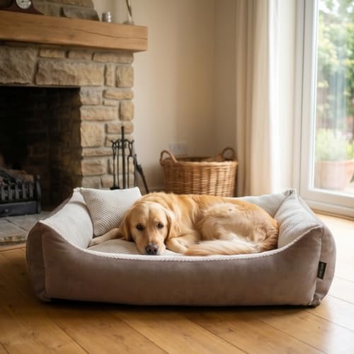 4L Textil Teo Kuscheliges Hundebett Bezug abnehmbar und waschbar Hundekorb mittelgroße Hunde Hundekissen flauschig Hundekörbchen Hundesofa (120x100 cm, Braun/Beige)