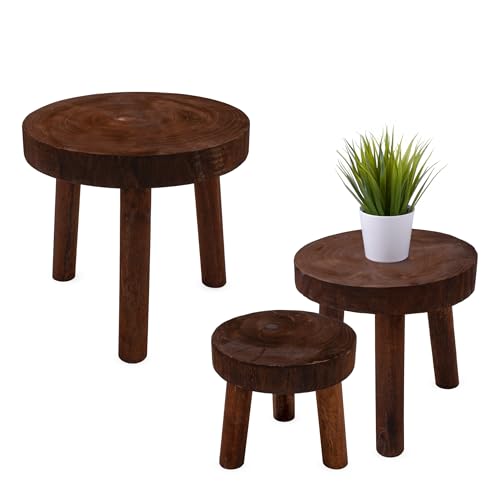 Spetebo Juego de 3 taburetes para flores de madera con 3 patas, color marrón, 30/26/22 cm, madera maciza, soporte redondo para flores, maceta, jardín, balcón, decoración del hogar