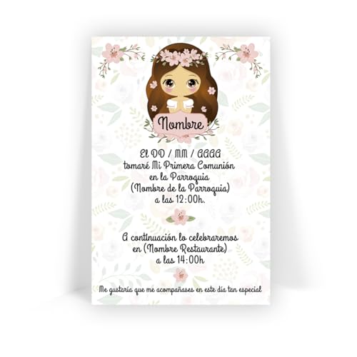 Invitaciones 10cm x 15cm para Comunión de niña personalizadas con diferentes modelos a elegir.
