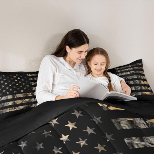 Image of Feelyou American Flag Camo Comforter Set All Season Hunting Bedding Set with 2 Pillow Cases Military Camouflage Kids King Bedclothes Rustic Trees Leaves Bedroom Decor Duvet Quilt Soft Lightweight