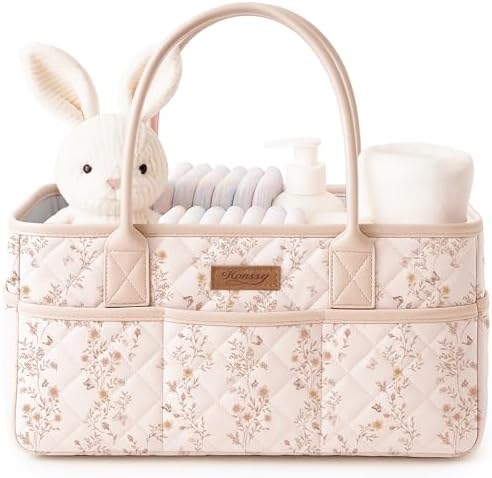 Konssy Baby Diaper Caddy Organizer, Floral Design with PU Leather Handles
