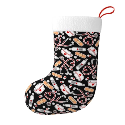 Nurse Love Print Black Christmas Stockings Personalized,Large Fluffy Stocking with Soft Flannel Cuff,Holiday Fireplace Decoration for All Ages