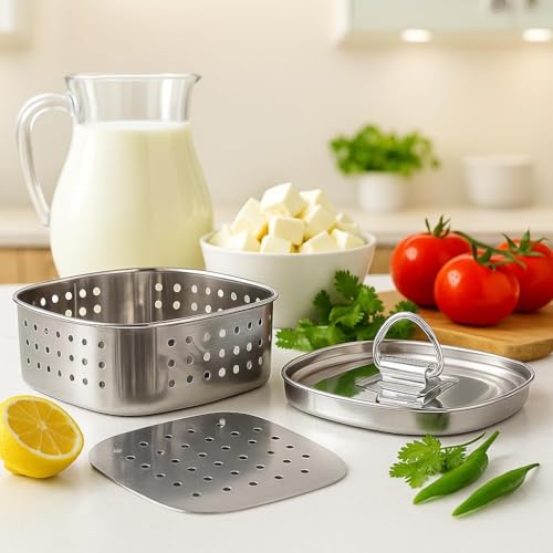 Image of Stainless Steel Paneer Maker with Press Lid and Strainer Box - Square Paneer Mould for Homemade Paneer & Tofu, Perforated Drainage Design, Reusable Press Container for Kitchen Use