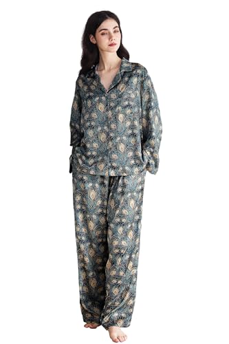 Image of YiNi LuLu Womens Silk Satin Pajamas Set Button Down 2 Piece Pjs Long Sleeve Oversized Sleepwear with Pockets