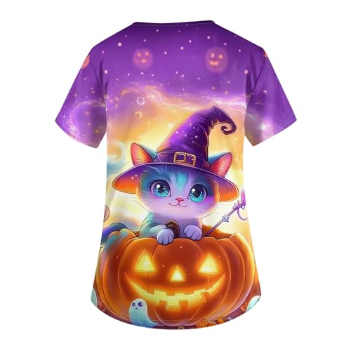 OIOLOYJM Halloween Christmas Scrub Tops Women Print V Neck Short Sleeve Plus Size Scrubs for Womens Shirts with Pockets