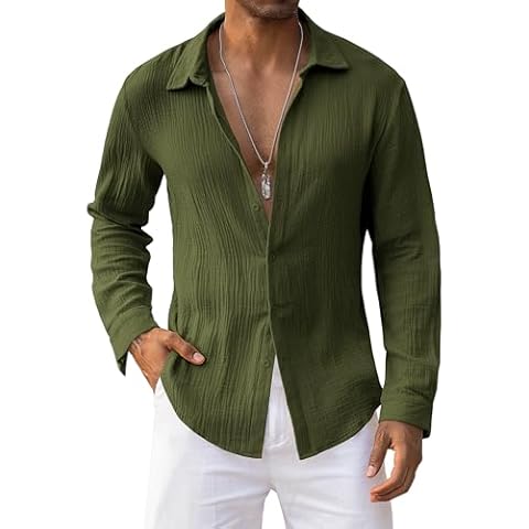 URRU Men's Linen Shirts Long Sleeve Army Green Summer Casual Button Down Shirts Linen Beach Tropical Shirts Resort Wear (Army Green, Medium) Cover
