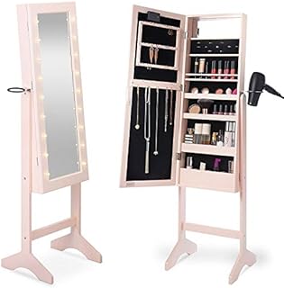 Jewellery Cabinet Full Length Mirrored | Floor Standing | 9 Hooks On The Inside Of Door And 4 Spacious Shelves | 18 Battery Powered LED Bulbs Painted MDF With Black Velvet Lining-PINK