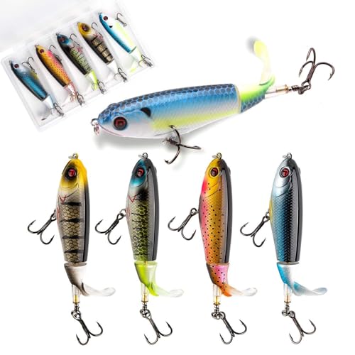 SUDAJI 5 Pcs Fishing Lures Set Fishing Artificial Bait,4.0 Inch Hard Fishing Topwater Lures with 2 Strong Treble Carbon Steel Hooks,Floating Rotating Tail Harb Hishing Lures(L)
