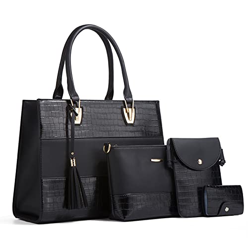 Women’s Black Satchel Purse Set, Top Handle Tote Handbag & Shoulder Bag, Elegant PU Leather Purse for Ladies (Black)