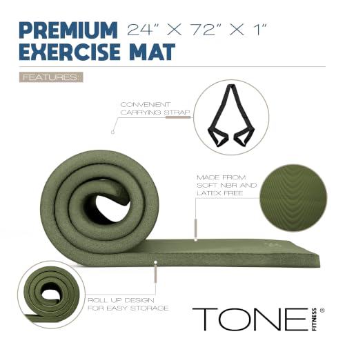 Tone Fitness Premium Extra Thick 1-Inch High Density Exercise Mat with Carry Strap – Non-Slip Workout, Pilates, and Yoga Mat for Home Gym - Color Green - Wave Pattern by Tone Fitness - Image 3