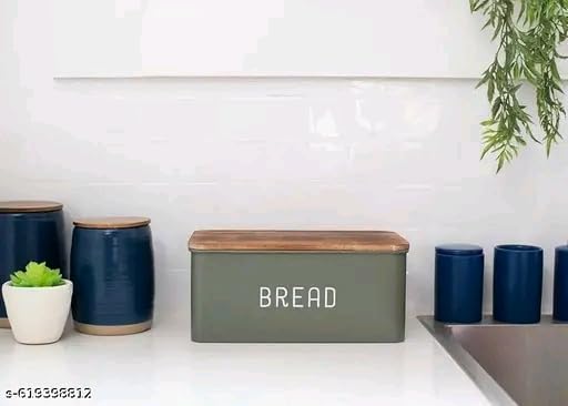 Image of Metal Bread Box Set | Airtight Bread Storange Box For Kitchen Bread Dispenser Food Grade Storage Box with Wooden Lid - 4 litre