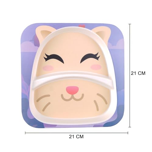 Image of Bamboo Kids Feeding Set of 5 |Kids Crockery Set Tableware |Baby Utensils and Dishes Set | Eco-Friendly |Organic & Natural (Purrfect Kitty)