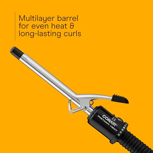 Conair Instant Heat 1/2-Inch Curling Iron, Tight Curl Hair Curler for All Hair Types, Long-Lasting Definition, 25 Heat Settings, Fast Heat-Up, Dual Voltage Small Curling Iron with Clamp, Black