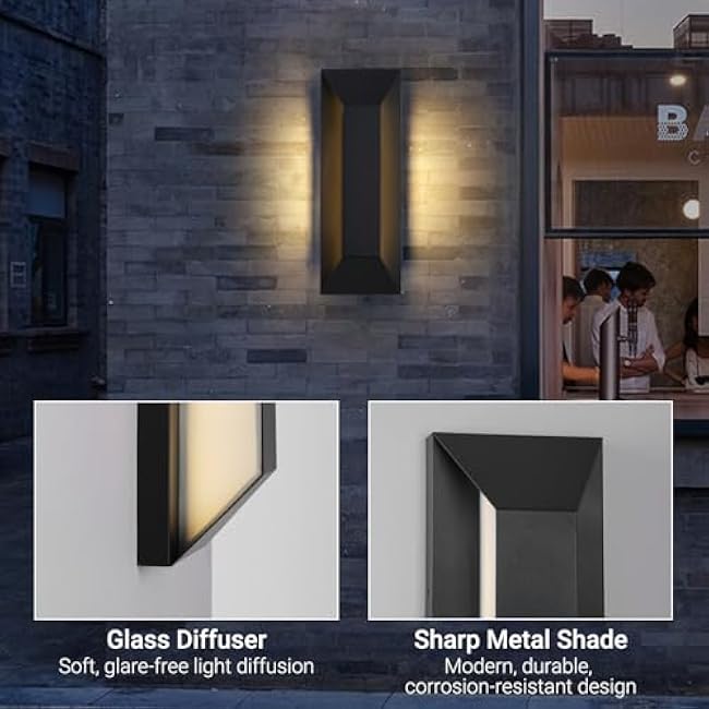 Modern LED Outdoor Wall Sconce, Exterior Black Sleek Lighting Fixture, 16W 3000K Porch Light for Front Door, Garage, Patio, and House, Waterproof Outdoor Wall Mount Light