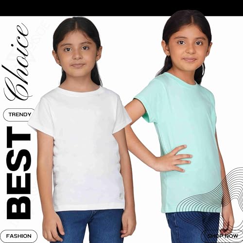 Image of Kids Round Neck T-Shirt Half Sleeves 100% Cotton Rich Soft Comfortable Fit Stylish Plain Color 1+1 Combo Original Brand Tshirt for Girls