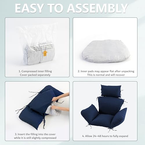 Honorbox Egg Chair Cushion with 8 Securing Straps, Water-Repellent & Fade-Resistant Faux Linen, Removable Cover, Replacement Cushion for Most Single Outdoor Hanging Swing Egg Chairs &ndash; Navy