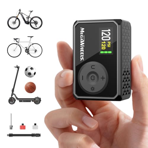Image of MEGAWHEELS Mini Bike Pump with Gauge, 120 /150PSI Bike Tire Inflator with Presta & Schrader Valve, Portable Electric Air Pump Auto Stop, Fast Inflation for E-Bike, Mountain Bike, Scooter, Balls