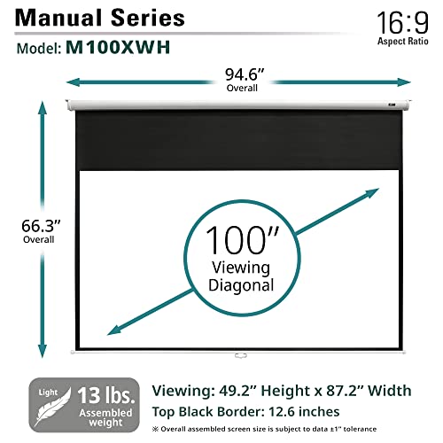Elite Screens Manual Series, 100-Inch 16:9, Pull Down Manual Projector Screen With Auto Lock, Movie Home Theater 8K / 4K Ultra Hd 3D Ready, 2-Year Warranty, M100Xwh #TOP6