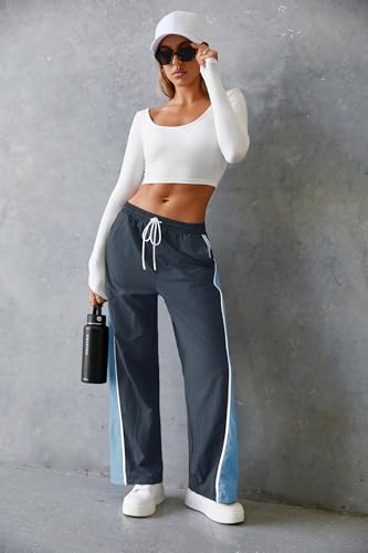 Fisoew Women's Baggy Wide Leg Track Pants Casual Drawstring Elastic Waisted Color Block Workout Y2K Active Pants4