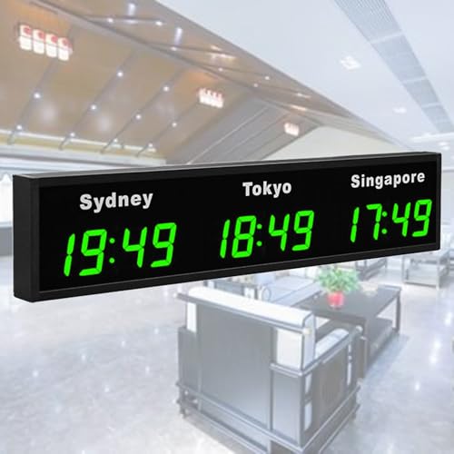 Nicvrea Orologio Mondiale, Orologio da Parete Digitale a LED con 3/4/5 Fusi Orari, Orologio da Parete per Interni con Fusi Orari, per Ufficio/Casa/Scuola,Green-3City