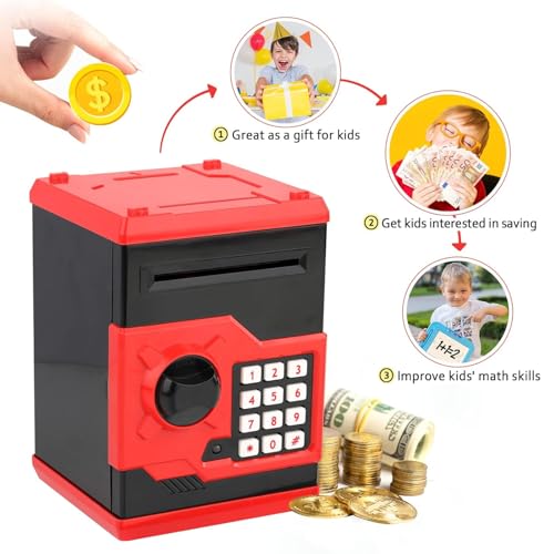 Image of New Electric Digital ATM Money Safe Box Coin Saving Piggy Bank with Password Code Combination Lock for Kids and Adults - Black and Red Coin Bank (Black)