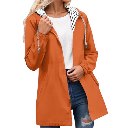 Chaqueta cortavientos ligera para mujer, con capucha, bolsillos a rayas, anorak, para senderismo, naranja, XXL
